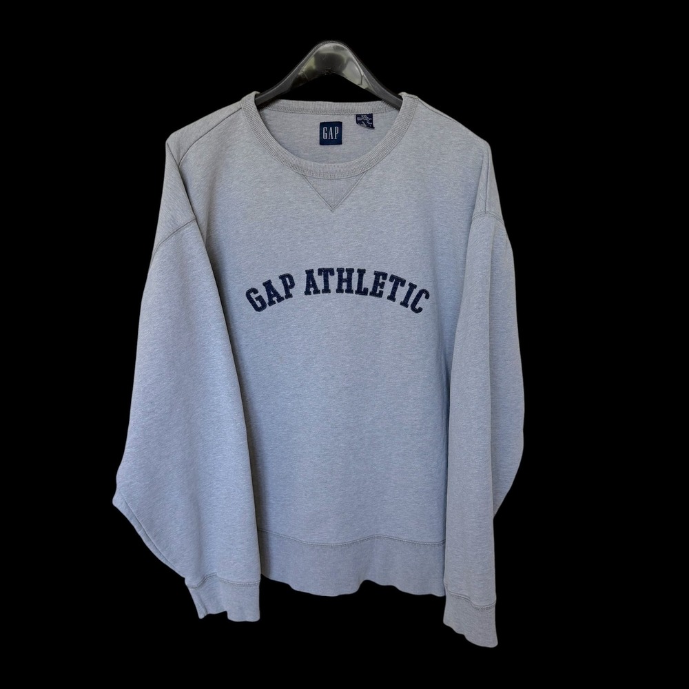 Y2K GAP Athletic XXL Gray Crewneck Sweatshirt Navy Blue Distressed‎ Pullover